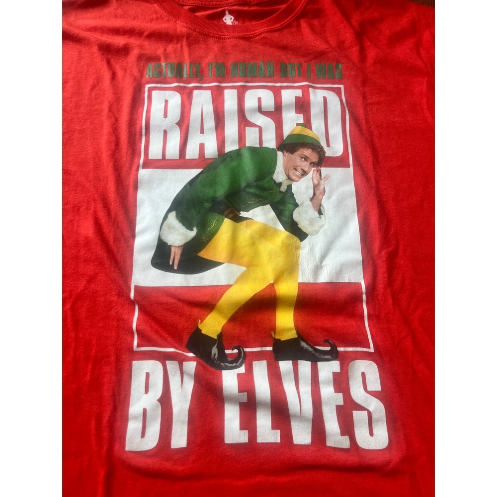 Elf Movie Buddy The Elf Raised By Elves Red Graphic Tee Shirt Womens Large (200)